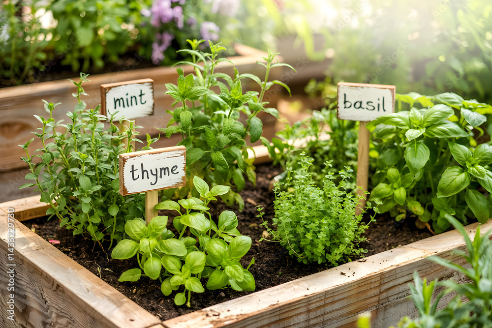 Fresh herbs growing in wooden planter boxes, mint, thyme, and basil thrive in sunlight