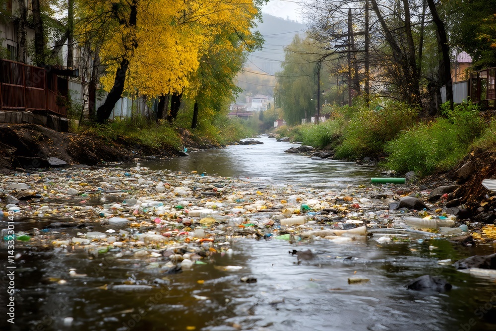 Plastic garbage polluting water in river near residential area in autumn