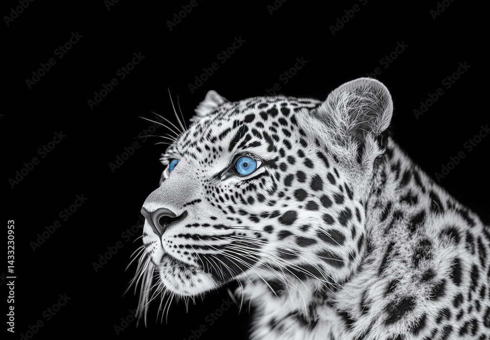 Obraz premium Majestic leopard with striking blue eyes on dark background