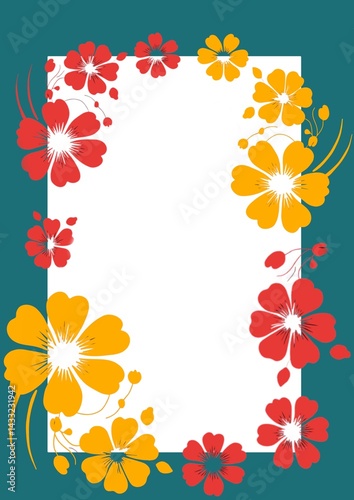 Illustration of floral rectangular frame with red, yellow flowers for postcard