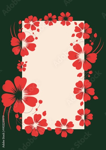 Illustration of floral rectangular frame with red flowers for postcard