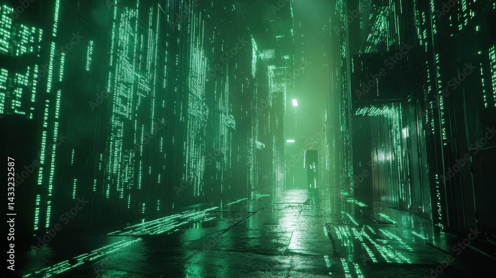 Obraz premium Digital Matrix Rain with Cascading Green Neon Code