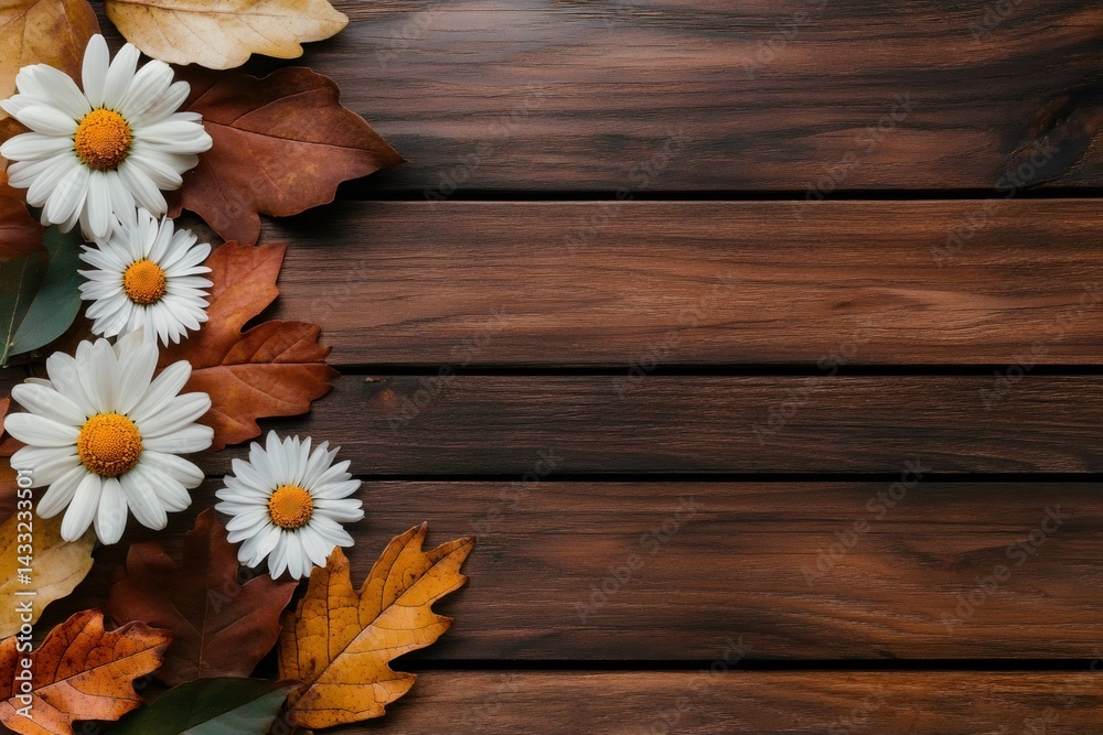 White daisies and dry autumn leaves forming a border on wooden planks