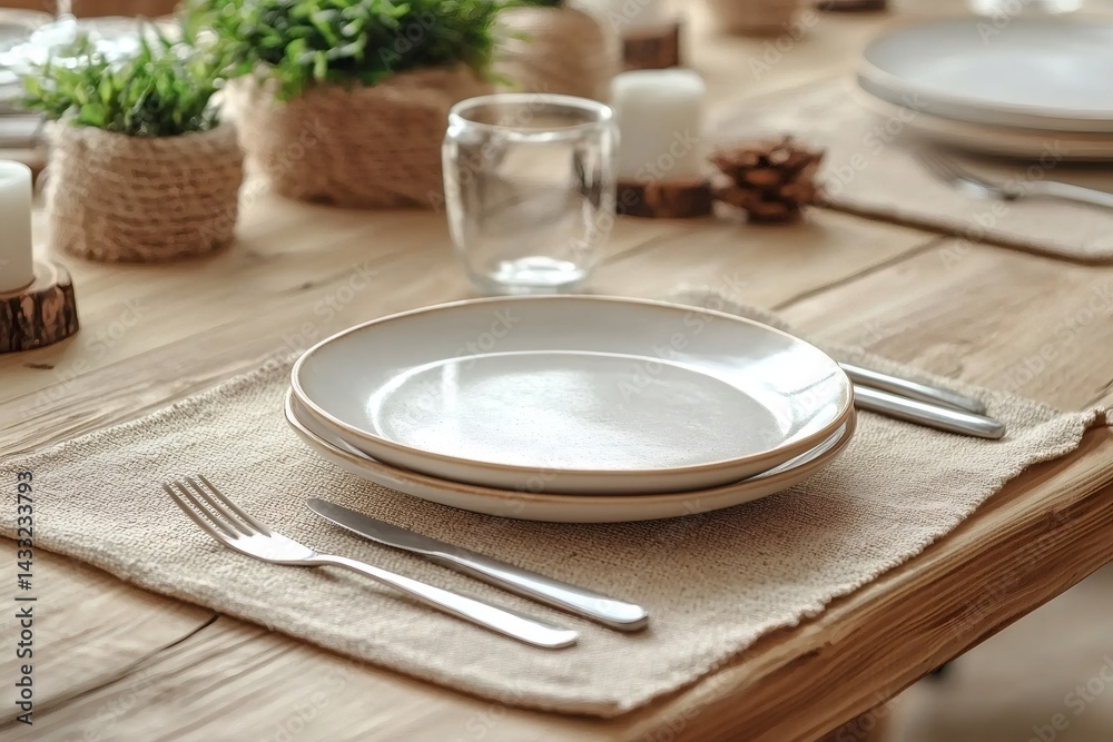 Table setting featuring rustic placemats, empty plates, and festive decorations