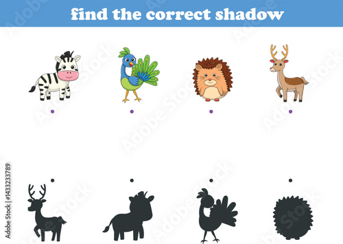 Funny cartoon wild life. Find the correct shadow. Kids Education games. Cartoon vector illustration