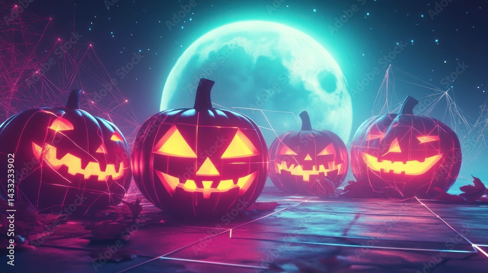 Naklejka premium Jack-o'-lanterns illuminate night with glowing faces, bright moon adding festive eerie Halloween atmosphere.