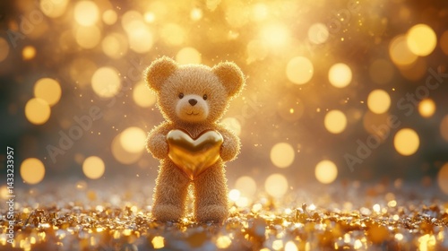 Teddy bear holds golden heart, amidst bokeh lights confetti, symbolizing love friendship celebration joy.