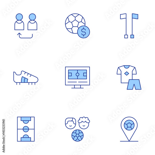 Football icons set. Line Duotone style, editable stroke. flag, football shoes, football, gambling, football uniform, change, soccer field