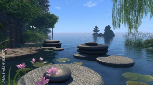 Zen garden features stacked stones, lotus flowers, pagoda evoking calm, serene atmosphere, promoting peaceful reflection.