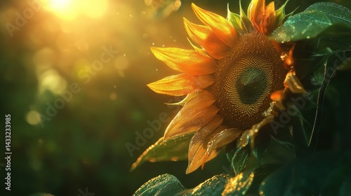 Sunlit sunflower in a field