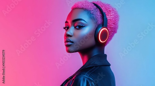 Stylish Black woman listens music with headphones, looks contemplative with pink hair, modern fashion.