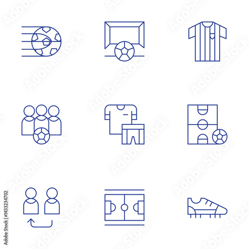 Football icons set. Thin Line style, editable stroke. goal, defensive wall, change, football, football field, football shirt, football boots
