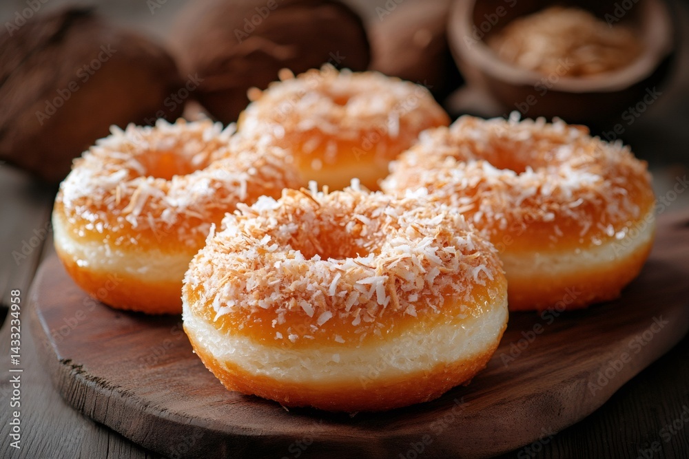 Delicious coconut donuts sitting on wooden cutting board