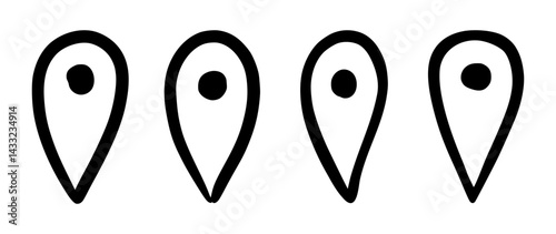 Hand Drawn Map Location Pin. Doodle Style Vector Navigation Point Icons. Perfect for maps, travel blogs, mobile apps, navigation interfaces, posters, infographics, creative design projects.
