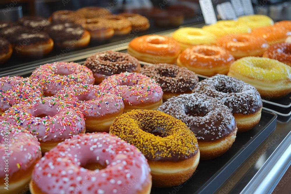 Delicious colorful donuts with sprinkles displayed in bakery window