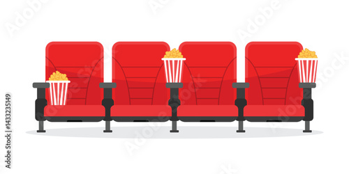 Movie seat with popcorn icon in flat style. Theater armchair vector illustration on isolated background. Spectacle sign business concept.