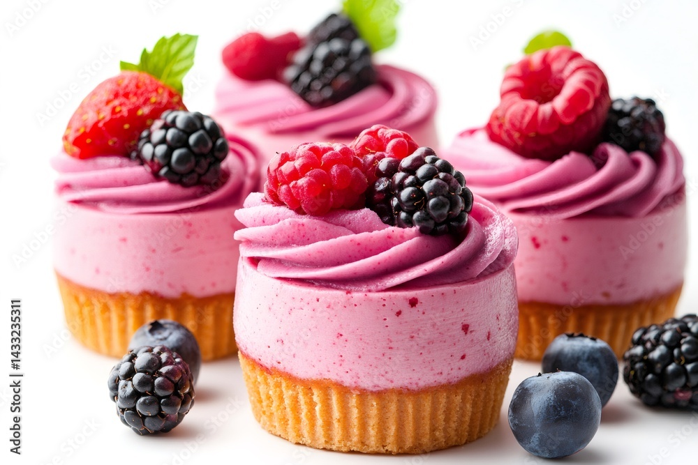 Delicious pink berry cupcakes sitting on white background