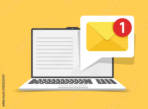 Laptop with envelope icon in flat style. Computer vector illustration on isolated background. Email notification sign business concept.