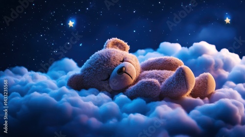 Teddy bear sleeping soundly amidst soft clouds under starry night feeling comfort tranquility.