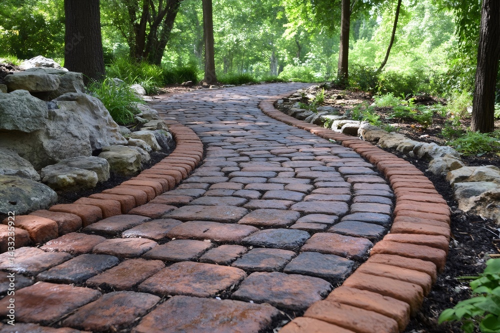 Winding brick path through lush green forest landscape