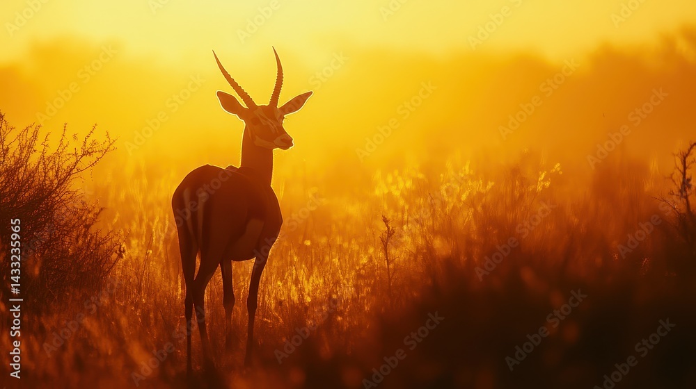 Naklejka premium Silhouetted antelope against a vibrant sunset in a serene landscape