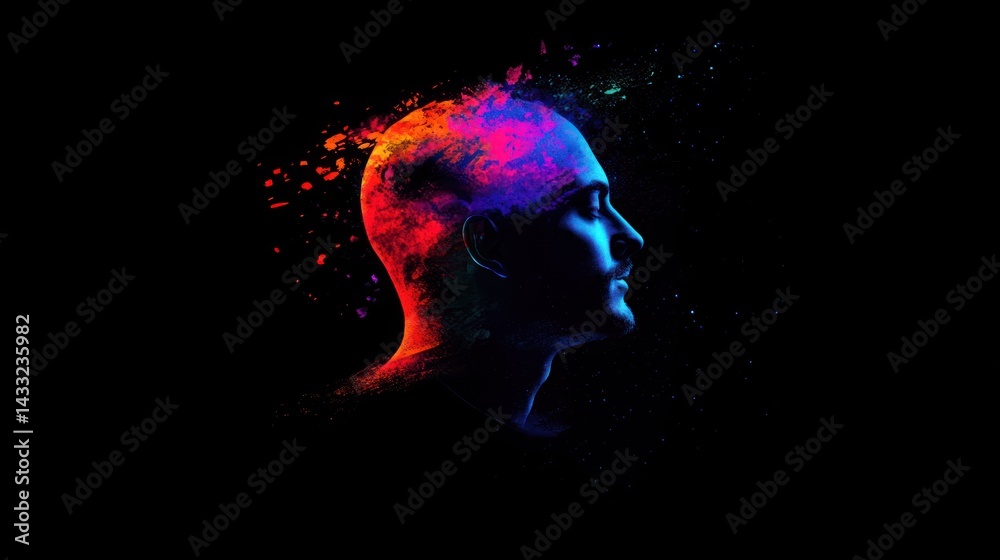 Bald man face displays vibrant colors, artistic splatter creates visual interest, showcasing creative expression. Bald man face displays vibrant colors, artistic splatter creates visual interest, showcasing creative expression.