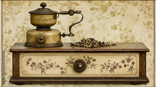 Antique coffee grinder on wooden box, peppercorns, floral wallpaper background.  Perfect for vintage kitchen, home decor, or culinary websites