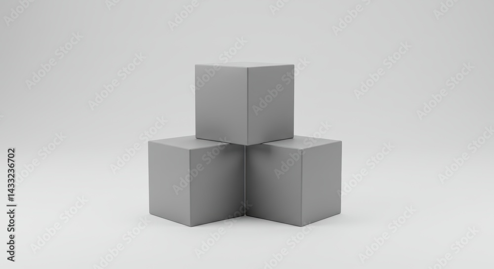 Fototapeta premium Simple 3D render showing three identical matte grey cubes stacked neatly one on top of the other. Stable composition, focus on repetition and structure