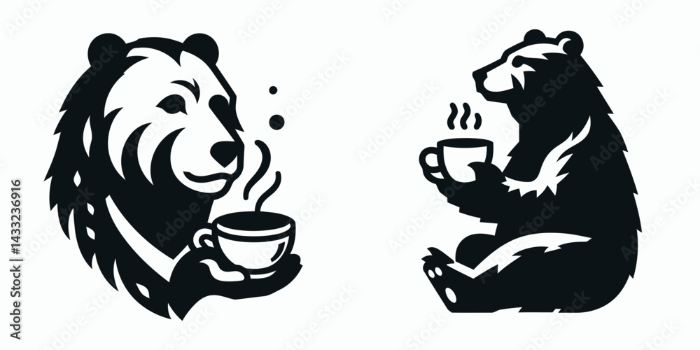 Fototapeta premium Bear drinking coffee. Coffee lover graphic design. Bruin savoring java delightful woodland creature indulging warm beverage.