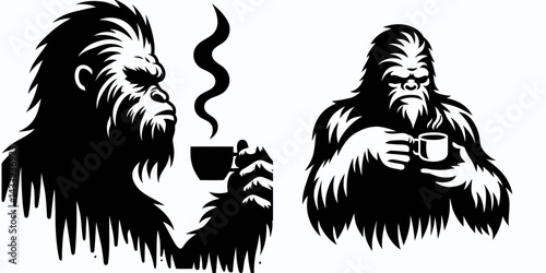 Bigfoot drinking coffee. Coffee lover graphic design. Cryptid enjoys morning joe hairy hominid beverage break woodland creature caffeinating.
