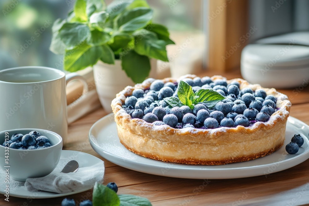 Delicious blueberry pie decorated with fresh mint leaves and icing sugar sitting on wooden table