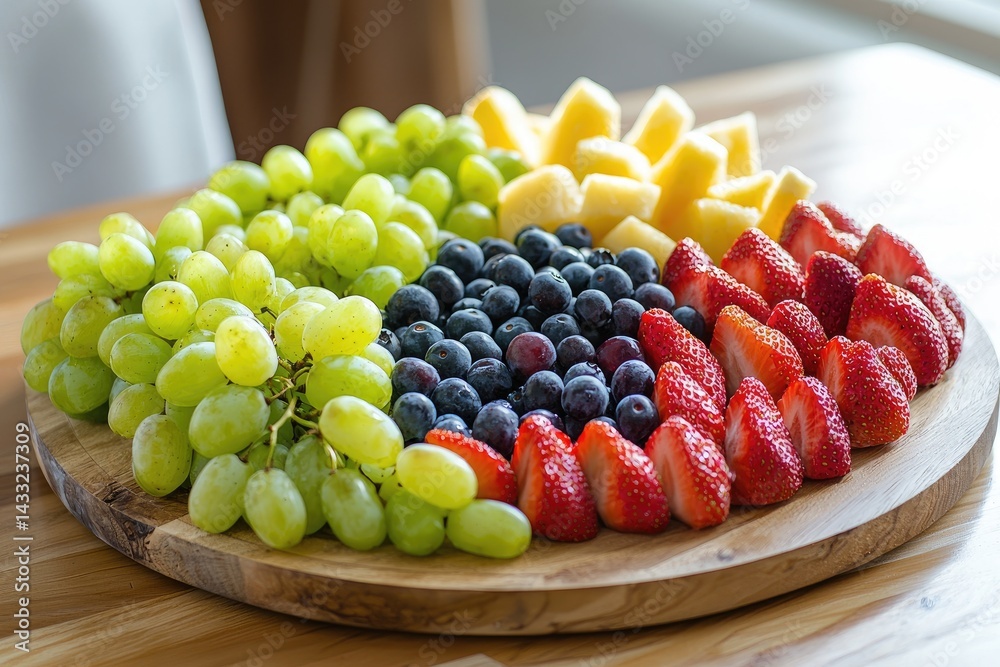 Wooden tray displaying sliced strawberries, pineapple, grapes and blueberries