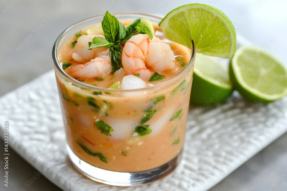 Delicious shrimp ceviche with lime and fresh herbs in a glass