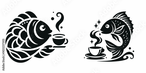 fish drinking coffee. Coffee lover graphic design. Marine creature enjoys java a unique caffeinated beverage moment concept.