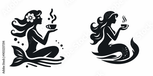 Mermaid drinking coffee. Coffee lover graphic design. Sea nymph imbibing brew nautical fantasy art ocean creature enjoying beverage.