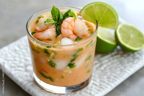 Obraz na płótnie Delicious shrimp ceviche with lime and fresh herbs in a glass w salonie