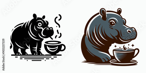 Pygmy hippo drinking coffee. Coffee lover graphic design. Miniature water horse savoring java a petite pachyderm enjoys morning brew.