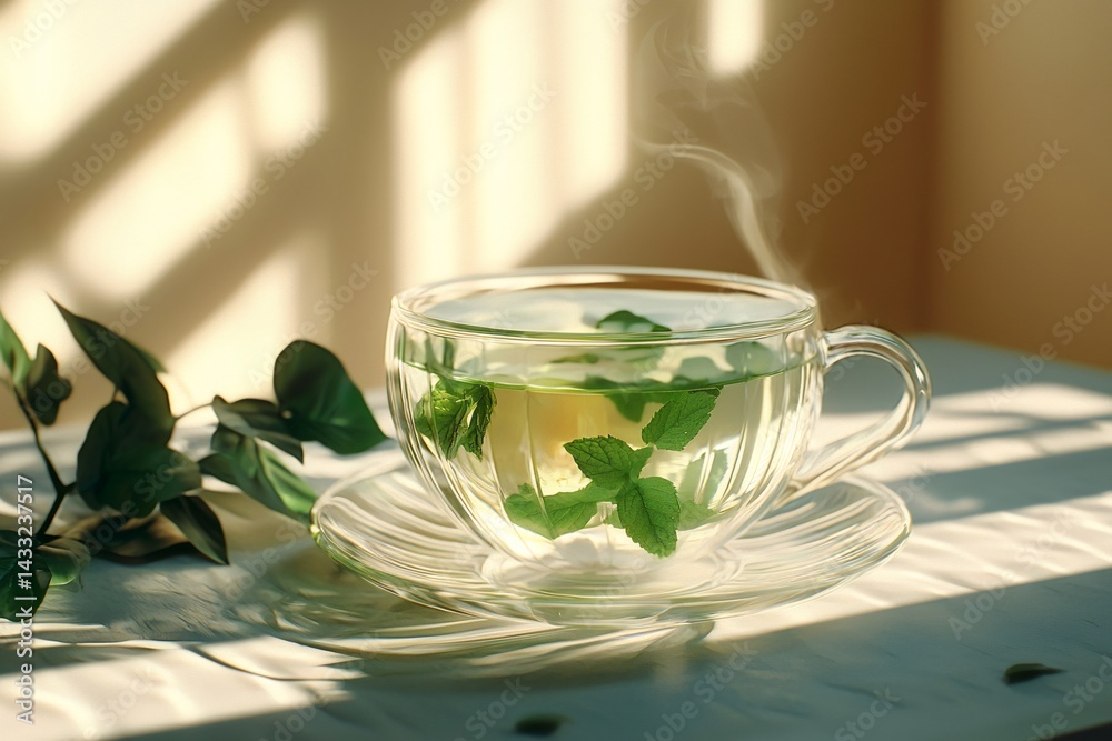 Steaming cup of herbal tea with fresh mint leaves on sunny table