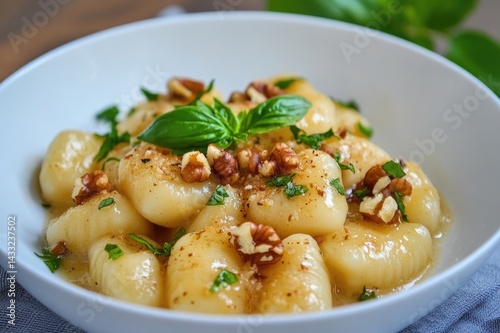 Obraz na płótnie Potato gnocchi topped with pecan nuts, parsley and basil resting in a white bowl w salonie