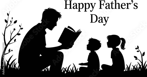 Happy fathers day father reading to children silhouette outdoor scene
