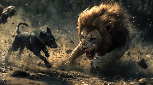 Lion chases dog aggressively through rocky terrain; conflict, danger, struggle