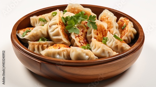 Tasty and hot chinese dumplings in wooden bowl