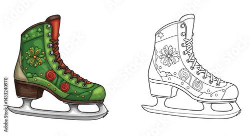 Elegant Ice Skate: A beautifully rendered illustration of a classic ice skate, showcasing intricate detailing and vibrant colors, perfect for winter sports and festive themes.