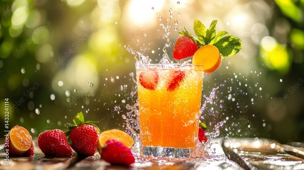 Refreshing strawberry cocktail with ice and mint splashing against light in summer drink concept Refreshing strawberry cocktail with ice and mint splashing against light in summer drink concept