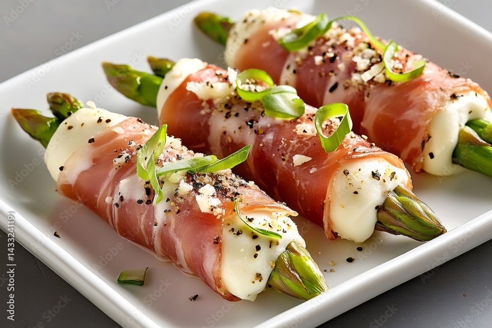 Asparagus spears wrapped in prosciutto with cream cheese filling, sprinkled with spices and chopped chives