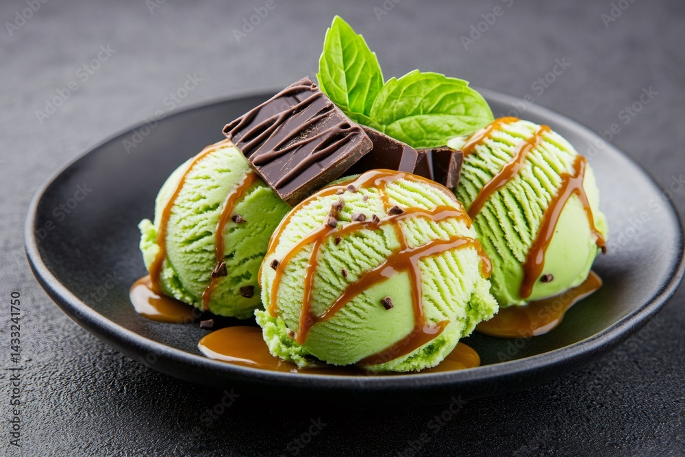 Pistachio ice cream scoops with chocolate and caramel topping on dark plate