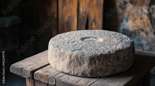 Historic stone millstone resting on a wooden table in an old workshop showcasing traditional craftsmanship