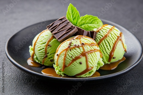 Obraz na płótnie Pistachio ice cream scoops with chocolate and caramel topping on dark plate w salonie