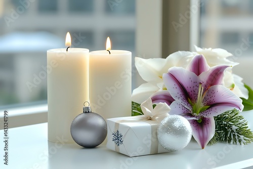 Festive winter composition with burning white candles, silver ornaments, wrapped gift box and fresh stargazer lily on windowsill, creating cozy holiday atmosphere.