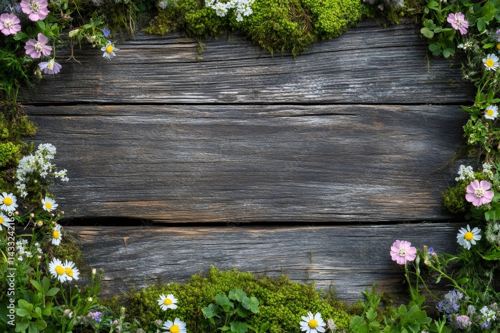 Wildflowers and moss creating a frame on rustic wooden planks